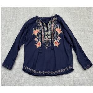 Johnny Was Blue Embroidered Long Sleeve Blouse Size M #69463